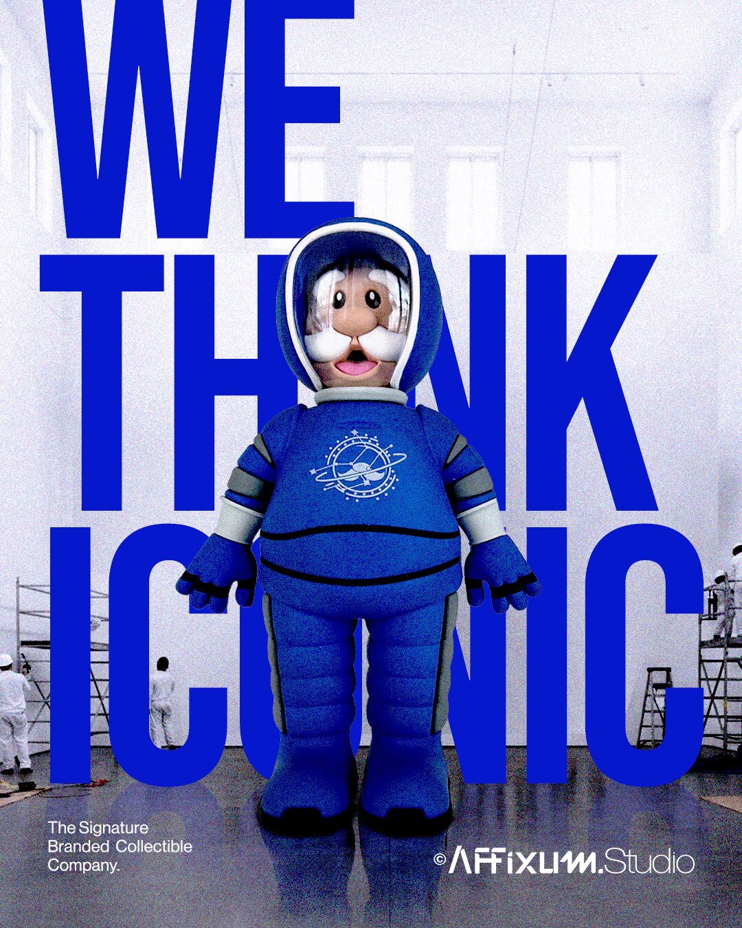 We Think Iconic — Affixum Studio brand mascot in a gallery setting